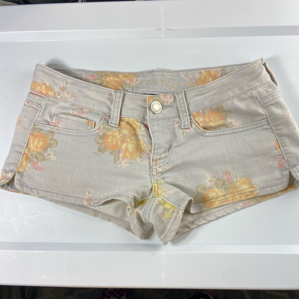 American Eagle Outfitters Floral Stretch Denim Jean Shorts Ultra Low Rise Size 2